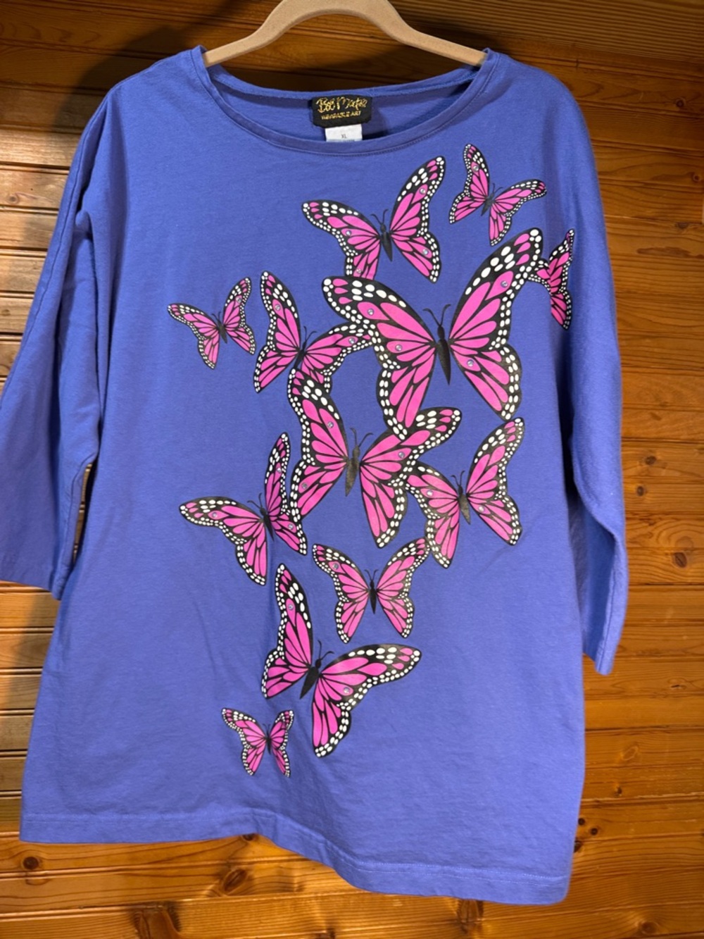 Bob Mackie wearable art Purple Tee with pink butterflies